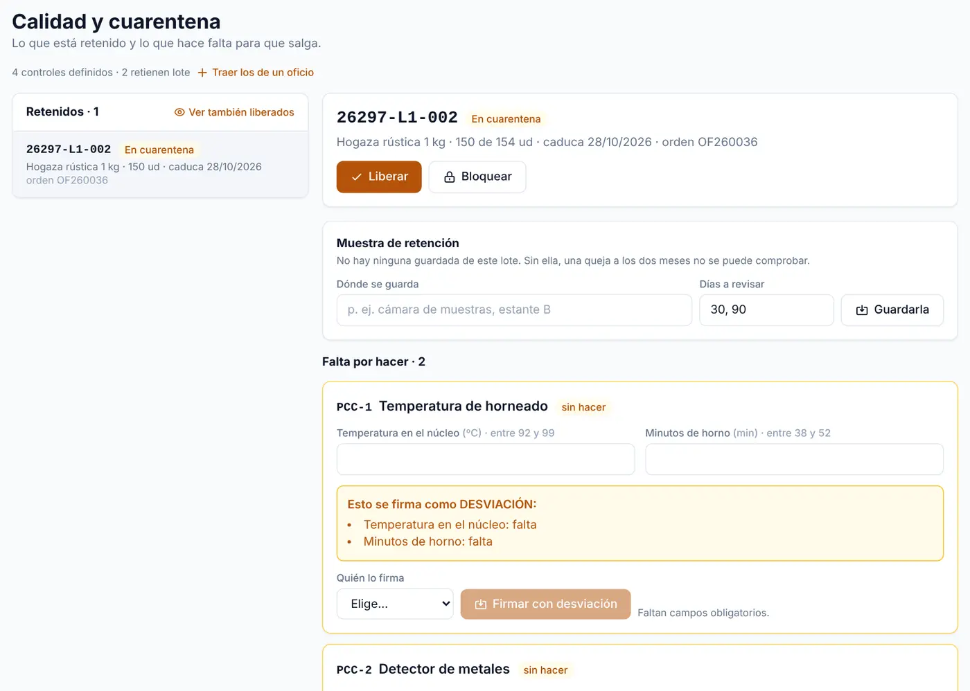 Lote en cuarentena con los controles del plan pendientes