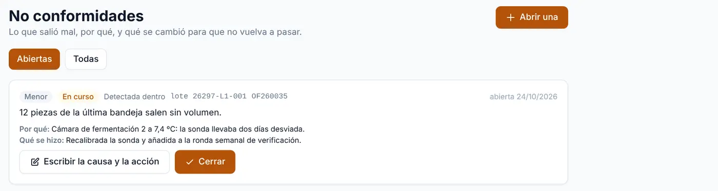 No conformidad con causa y acción correctiva